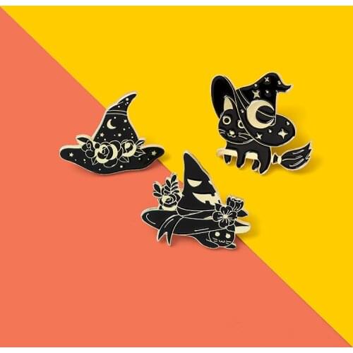Witch Cats Enamel Pin Custom Starry Wizard Hat Brooch Bag Clothes Lapel Pin Black Gothic Badge Witchcraft Jewelry Gift Friends