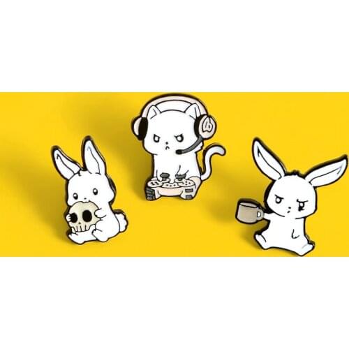 Animals Rabbit Cat Enamel Pins Eating Skull Drink Play Games Cartoon Brooches Badges Cute Lapel Pins for Friends Gifts Wholesale