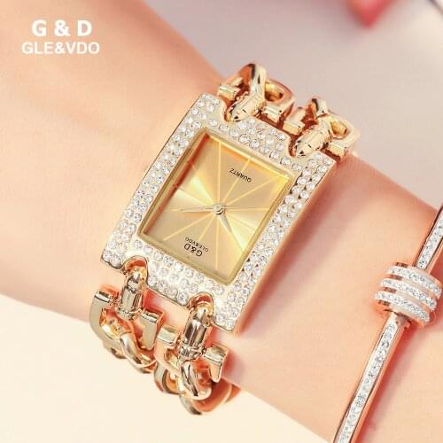 G&D Ladies Quartz Analog Wristwatch Luxury Crystal Rectangular Case Double Chain Bracelet Watch for Women horloge dames