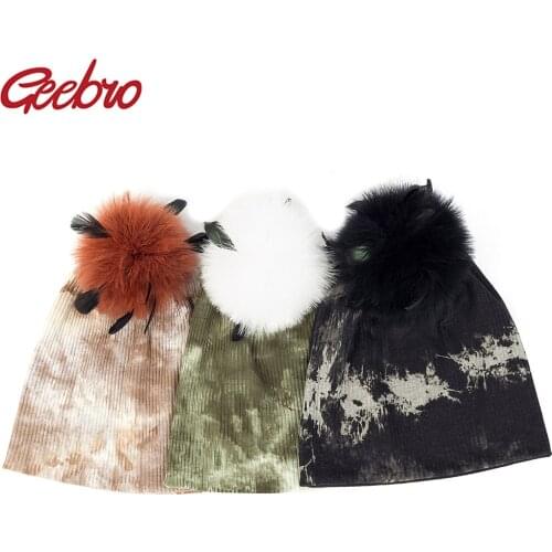 Geebro New Fashion Womens Tie Dye Beanie Hat 15cm Ostrich Fur PomPom Casual Solid Hats Female Cap Warm Cotton Beanies Bonnets