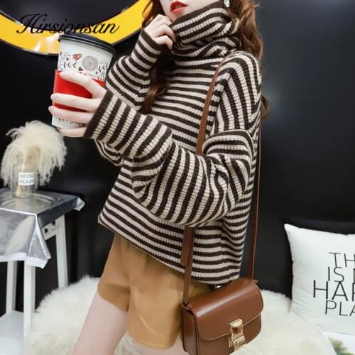 Hirsionsan Turtleneck Sweater Women Winter Thicken Ladies Pullover Stripe Soft Knitted Wool Clothes Bottom Lazy Oversized Jumper