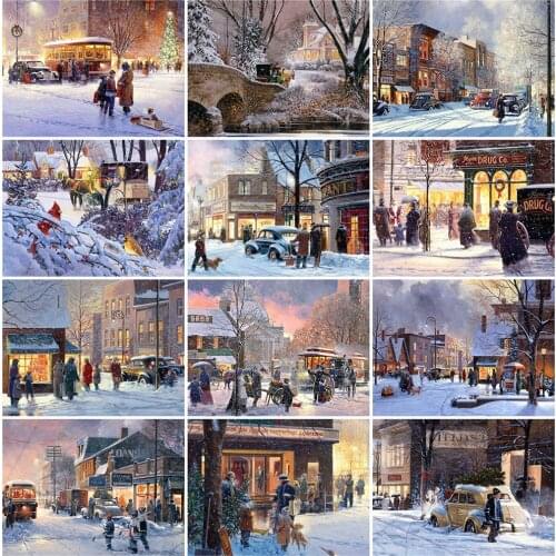 HUACAN Diamond Painting Kit Winter Landscape Diamond Embroidery Town Pictures Of Rhinestones Mosaic Decortion