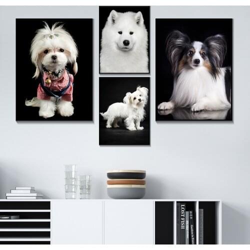 Lovely Pet Dog Animal White Puppy Canvas Painting Yorkshire Terrier Posters and Prints Wall Art Pictures for Living Room Decor