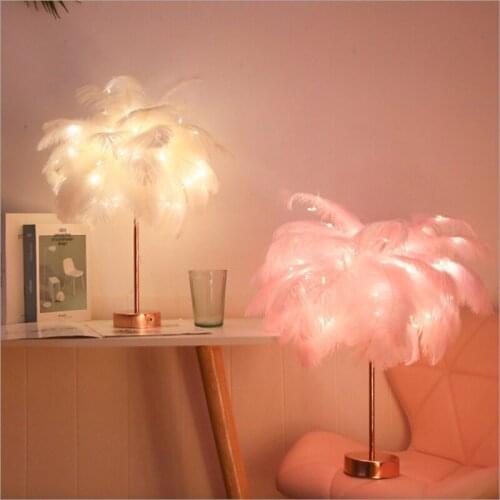 Remote Control Feather Table Lamp USB/AA Battery Power DIY Creative Warm Light Tree Feather Lampshade Wedding Home Bedroom Decor