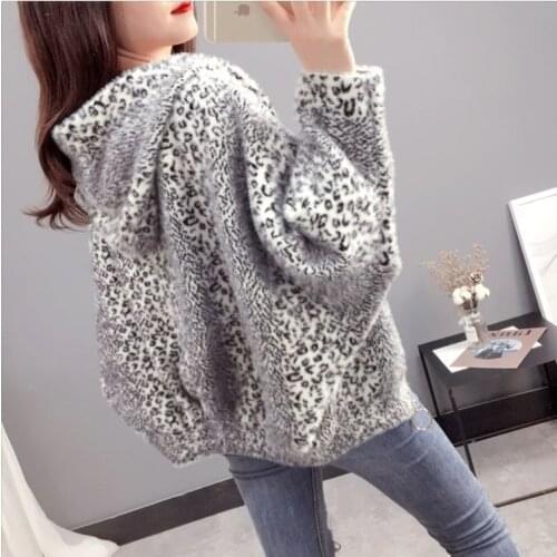 Fashion New Thicken Big Size Leopard Coat Woman Hooded Batwing Sleeve Faux Mink Fur Coat Korean Loose Knit Sweater Cardigan L316