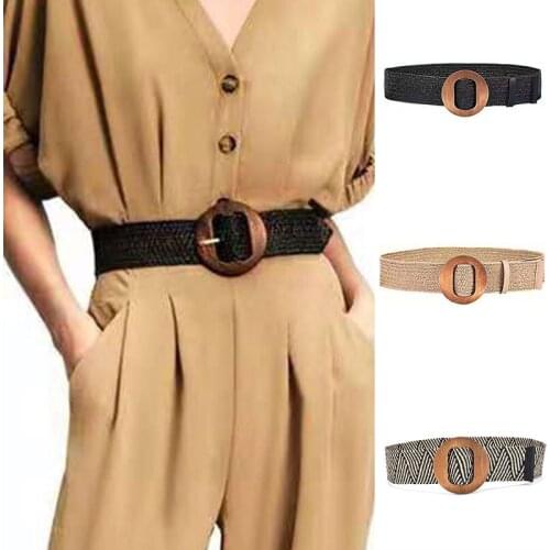 Fashion Design Round Wooden Buckle Dress Belt For Women Casual Braided Wide Strap Woven Elastic PP Straw Belts Decoration Gift
