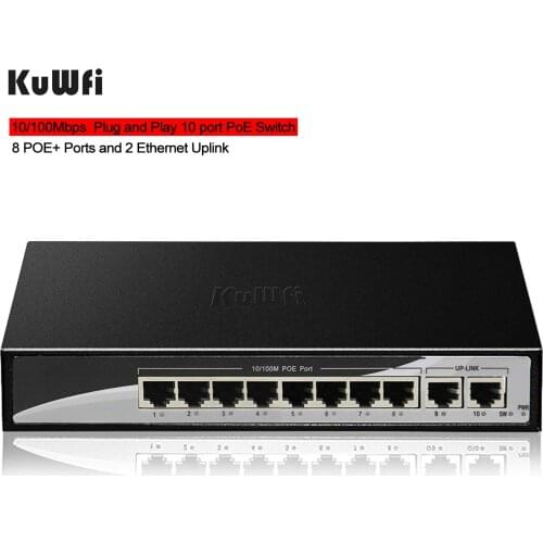 10 Ports PoE Switch Plug and Play 100Mbps Ethernet Network Switch 8 POE Ports&2Uplink Ethernet for IP Cameras -48V