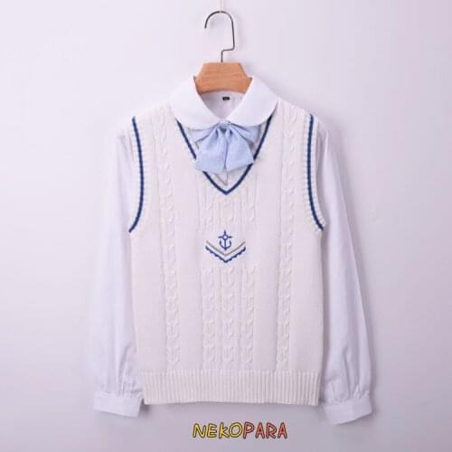 Cute Preppy Style Womens Knitted Vest Japanese School Girls Uniform JK Sweet Sleeveless Sweater White Anchor Embroidery
