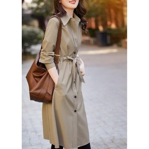 Spring Lace Up Waist Two Wear Windbreaker Coat Womens Middle Length British Style