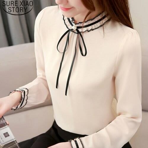 Womens tops and blouses blusas mujer de moda 2021 Bow Chiffon Office Lady Full Solid Beading women blouses 1823 50