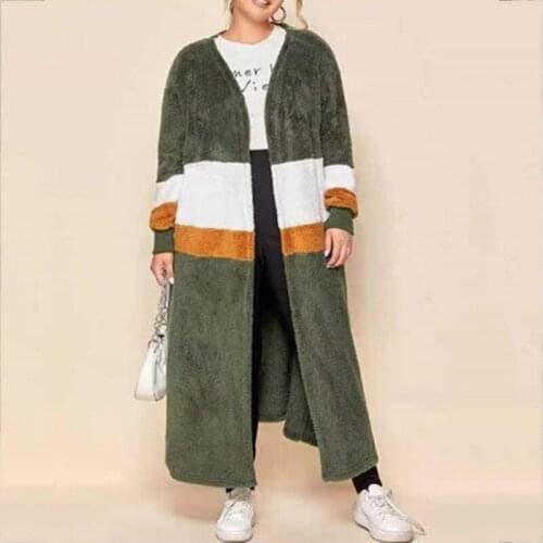 Green Patchwork Cardigan Long Coat Women Outerwear Wool Loose French Fashion Streetwear Winter Coat Women Elegant Office Lady