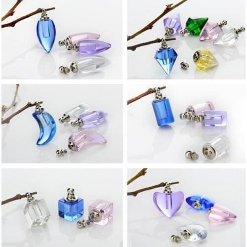 30pcs Diamond/Drop/Heart Crystal Glassl vial pendant Mini Perfume bottle charms name on rice art Essential oil charms necklace