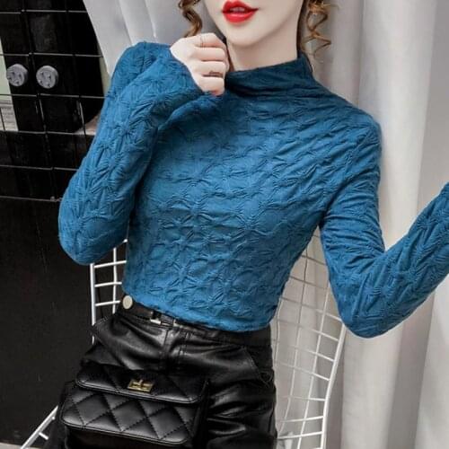 Blouse Women Turtleneck Grenadine Lace Womens Shirt 2020 Autumn and Winter Tight Long-Sleeved Top Blusas Ropa De Mujer