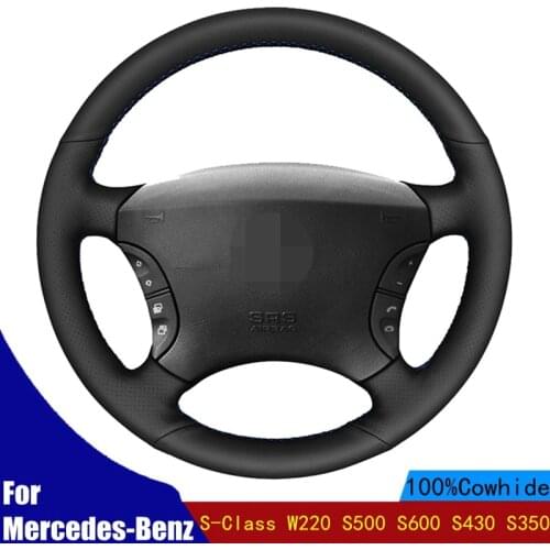 Car Steering Wheel Covers Wrap Hand-stitched Black Genuine Leather For Mercedes-Benz S-Class W220 S500 S600 S430 S350