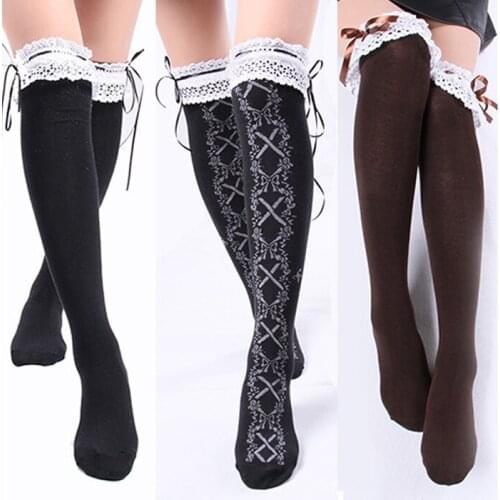 Japanese style COS Sweet Lolita stocks white black Ribbon lace pattern Stockings Silk stockings 1order=1pc
