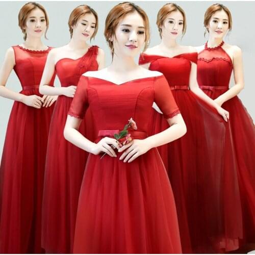 Wine Red Bridesmaid Dresses Long Boat Neck Short Sleeves Elegant Prom Party Gown Mixed Styles Cheap Bridesmaid Dresses Under $50