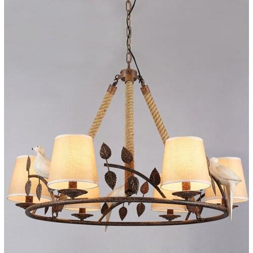 Individual American Country Birds Living Room Chandelier Retro Iron Chandelier Rope Lustre Pendente lamparas de techo colgante