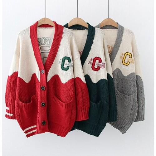 High Quality 2021 Women Oversized Cardigans V Neck Embroidery Casual Patchwork Loose Jumpers Thick Warm Spring Knit Jacket Coat