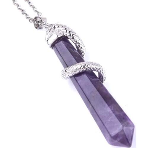 KFT Silver Plated Natural Purple Amethysts Crystal Quartz Reiki Hexagon Winding Snake Stone Pendant Necklace Women Men Jewelry