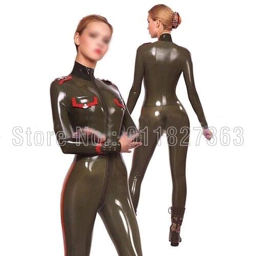 100% Latex Catsuit Tights Long Sleeve Rubber Handsome Policewoman Uniform Catsuit Bodysuit Front Crotch Zipper