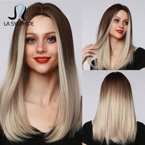 La Sylphide Synthetic Wig Long Straight Root Dark Brown Ombre Brown Bob Inner Buckle with Bangs for Woman Wigs Daily Use Party