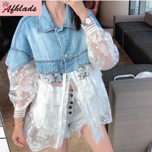 Summer New Fashion Patchwork Lace Embroidery Fake Two Pieces Outerwear Thin Loose Single-Breasted Denim Jacket Coats
