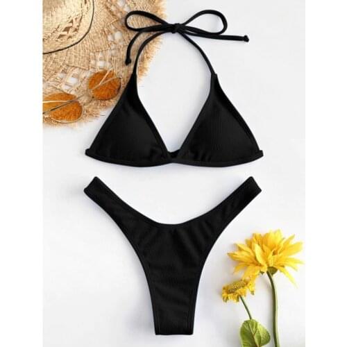 Summer Swimwear Women Sexy Swimwuit Solid Bikini Push Up Two-piece Suit High Cut Lace Up Halter Bathing Suit For Woman Swim Wear