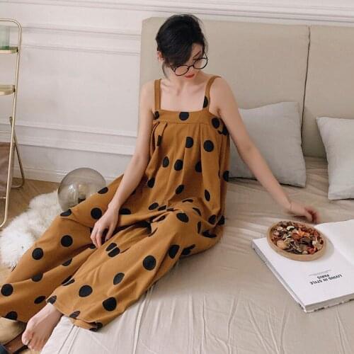 Summer Cotton Sexy Spaghetti Strap Onesie Women Loose Dot Pajamas Jumpsuits 3XL Plus Size Homewear Nightgowns Female