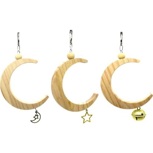 Parrot Swing Perch Stand Toy Moon Shape Hanging Hammock Bell Pet Cage Bird Wooden Training Claw Feet Grinding Stick Chew Toys