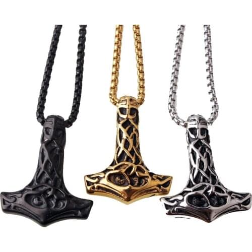 Rock Style Stainless Steel Runes Thor Hammer Mens Boys Womens Vintage Jewelry Pendant Necklace Free Box Link Chain 24inch