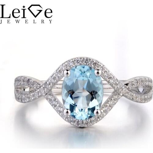 Leige Jewelry Natural Aquamarine Engagement Rings for Women Oval Cut Wedding Promise Ring Sterling Silver 925 Fine Jewelry