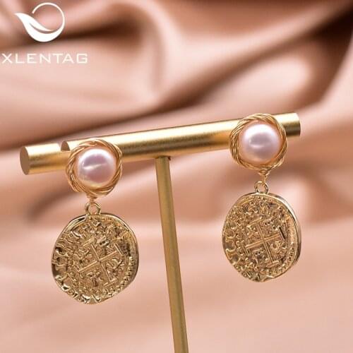 XlentAg Natural High-quality Pink Pearls Pendant Cross Earrings Metal Women Engagement Silver Ear Studs Statement Jewelry GE0945