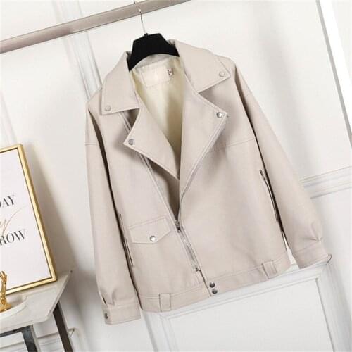 Autumn New Beige Faux Leather Jacket Women Casual Oversized Motorcycle Biker Leather Coat Female Soft Loose Outerwear