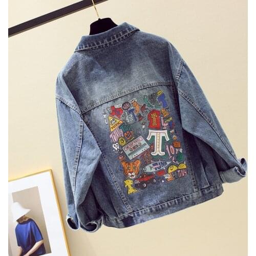 2021 New Printed Net Red Denim Jacket Female Tide Loose Fashion Korean Version Wind Spring Autumn Long Sleeve Ladies Outerwear