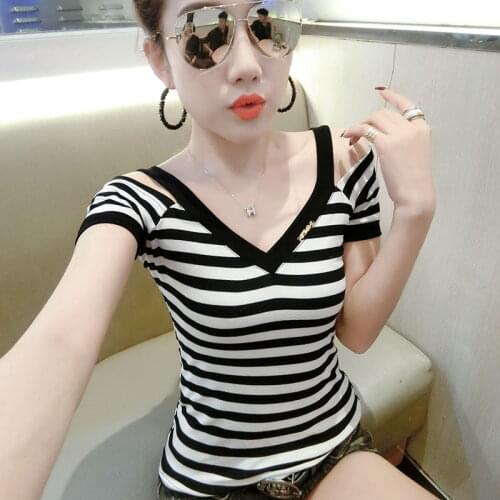 Summer Sexy Off Shoulder Tops Women 2021 New V-Neck T Shirt Korean Stripe Clothes Tee Shirt Femme Elastic Camisetas Ropa Mujer