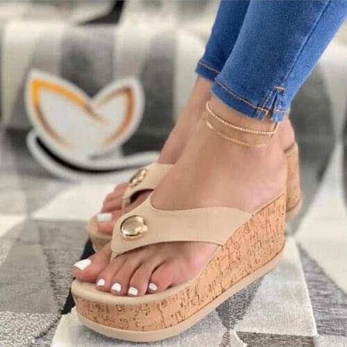 2021 Women Summer High Heel Slippers Platform Sandals Ladies Wedges Solid Flip Flops Shoes Girl Outdoor Beach Slippers Plussize