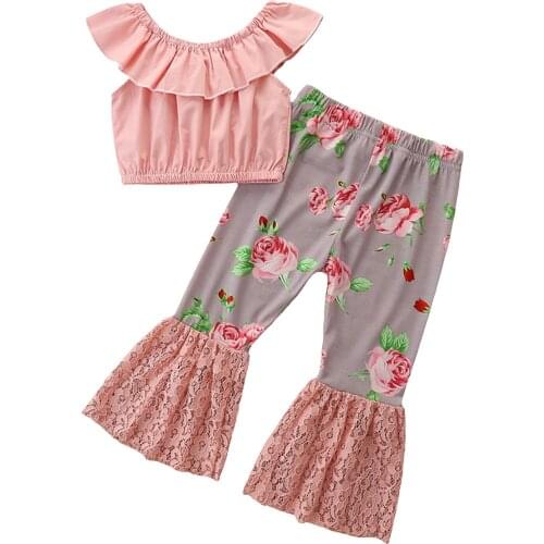 Girls T-shirt and Trousers Suit Fashion Solid Color Boat Neck Tops and Print Lace Stitching Trumpet Pants