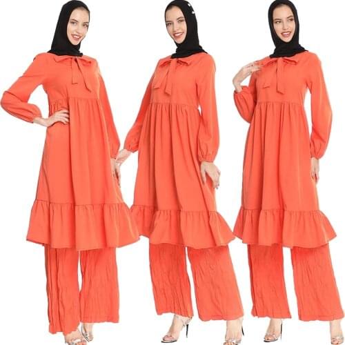 2PCS Women Muslim Abaya Sets Islamic Jilbab Ruffle Arab Casual Blouse + Pants Arab Turkish Prayer Suit Ramadan Clothing New