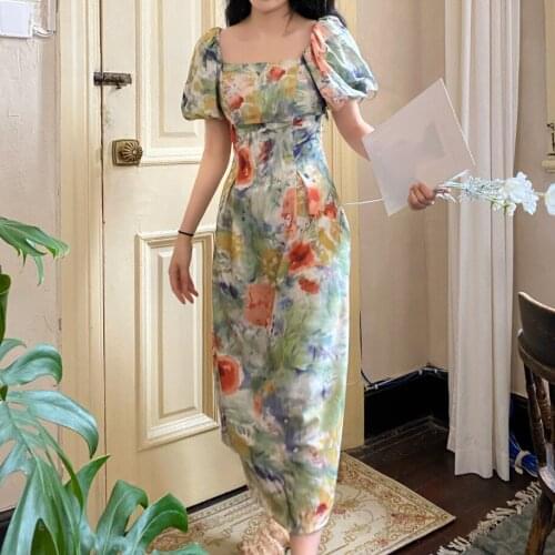 2020 summer vintage puff sleeve printed dress women square collar slim a-line dress