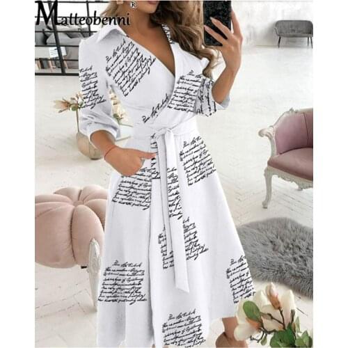 Office Casual Sashes Wrap Dress Ladies Spring And Autumn Fashion Print Long Sleeve V-Neck Dress Pocket Elegant Midi Party Dress