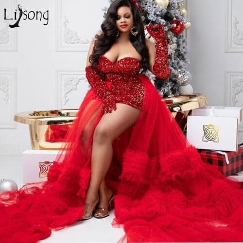 Newest 3 Pieces Red Prom Dresses Tulle Detachable Train Sexy Sequined Mini Prom Gowns With Gloves Women Birthday Party Dress