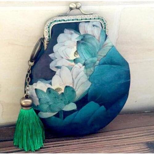 15*16*1.5cm Gambiered Canton Gauze Embroidery Fabric Mouth Gold Frame Material Kit Clutch Bag with Tassel Kissing Lock Wallet
