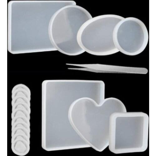 18Pcs Handmade Coaster Silicone Resin Mold Round Square Rectangle Heart Oval Bottom DIY Molds Kit Jewelry Making Tools