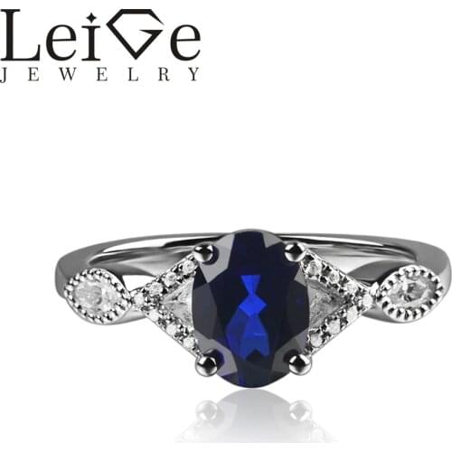 925 Silver Lab Sapphire Ring Oval Cut Prong Setting Blue Gemstone Engagement Rings for Women September Birthstone