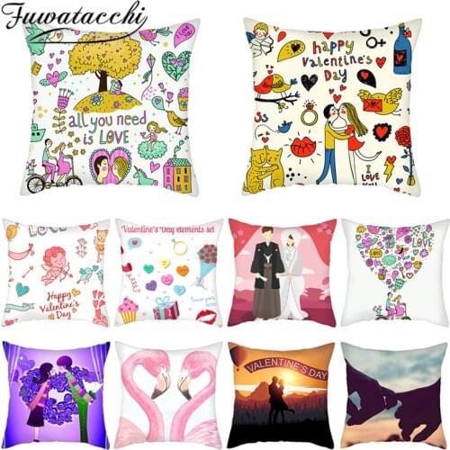 Fuwatacchi Valentines Day Elements Pillow Case Cartoon Love Heart Cushion Cover Printed Pillows Cover for Home Sofa Decoration