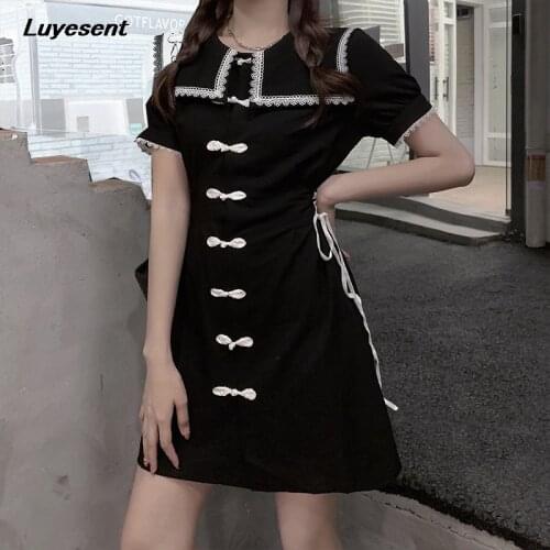 Black Sailor Collar Lady Lolita Mini Dress High Waist Women Lady-up Bow Elegant Dresses Short-sleeve Plus Size Casual Streetwear