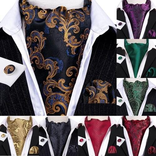 Gold Blue Silk Cravat Ascot Tie for Men Suit Jacquard Necktie Pocket Square Cufflinks Set Wedding Party Business Barry.Wang