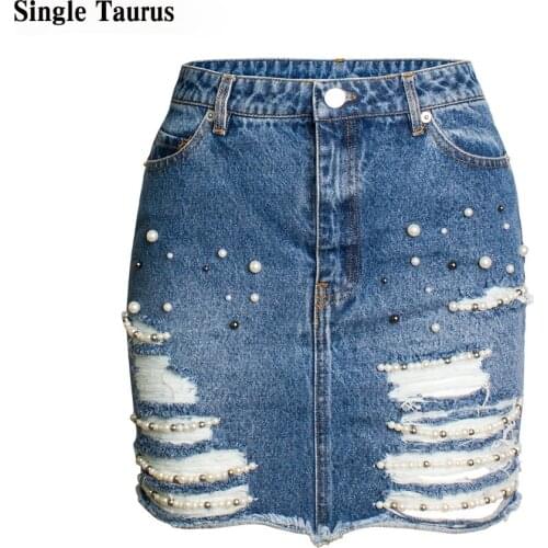 Summer Embroidered Flares Jeans Skirts Womens Streetwear Sexy High Waist Distressed Faldas Mujer Moda Pearl Denim Mini Skirt