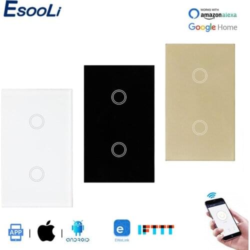 EsooLi 2 Gang Tempered Crystal Glass Panel Smart Home Automation Wall Switch Wireless Control By Ewelink APP Null and Fire Line