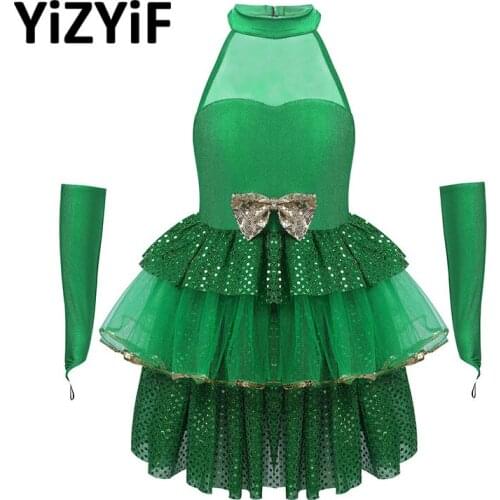 Kids Girls Christmas Elf Costume Green Shiny Sequins Halter Sleeveless Leotard Mesh Dress Children Stage Performance Dancewear